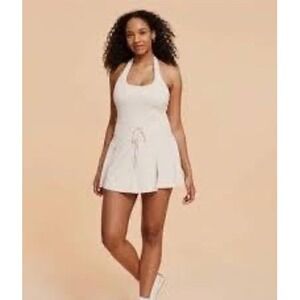 Blogilates Women XS Cream Halter Exercise Dress Drawstring Waist Activewear